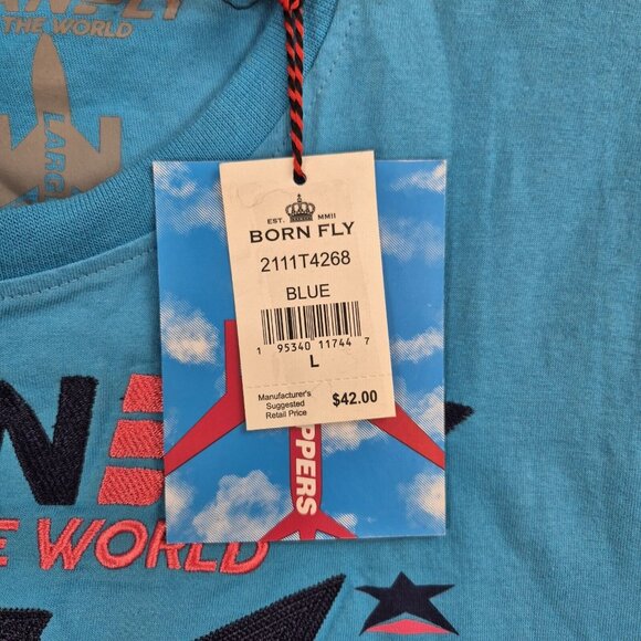 Born Fly Men's T-Shirt Size L Embroidery Blue Cloud Hoppers Airlines (42) - Picture 6 of 8